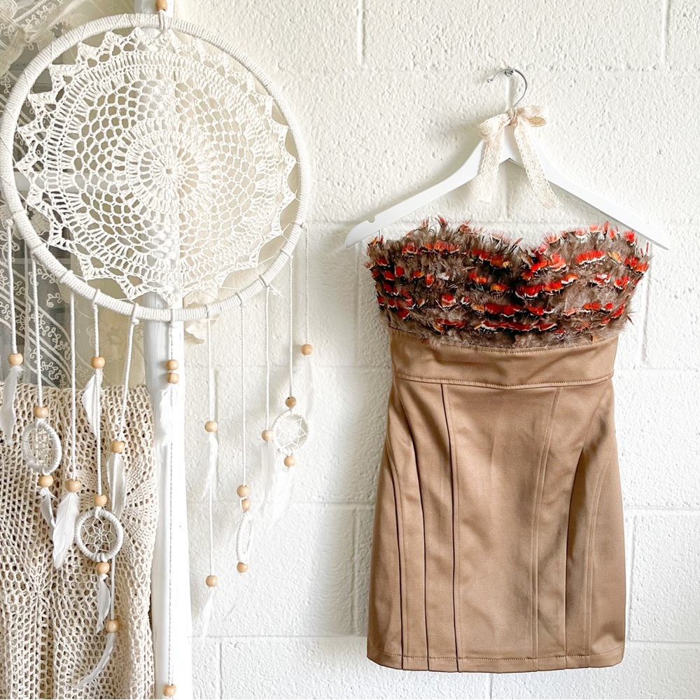 NWOT Strapless Golden Brown Feather Bust Mini Dress - Picture 1 of 12